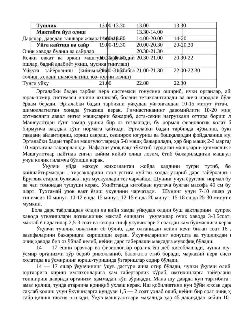 Мактаб ёшидаги болаларнинг кун тартиби 4