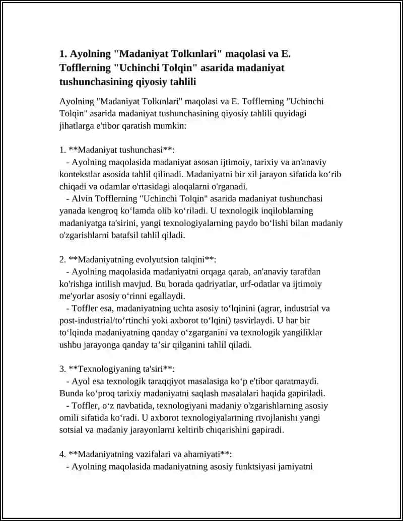 AYOLNING ''MADANIYAT TOLKINLARI'' MAQOLASI VA E.TOFFLERNING UCHINCHI TOLQIN ASARINI QIYOSIY TAHLIL ETISH 4