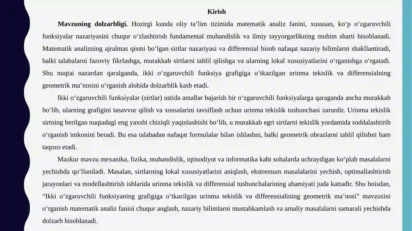 Ikki oʻzgaruvchili funksiya grafigiga oʻtkazilgan urinma tekislik va differensialining geometrik ma’nosi 4
