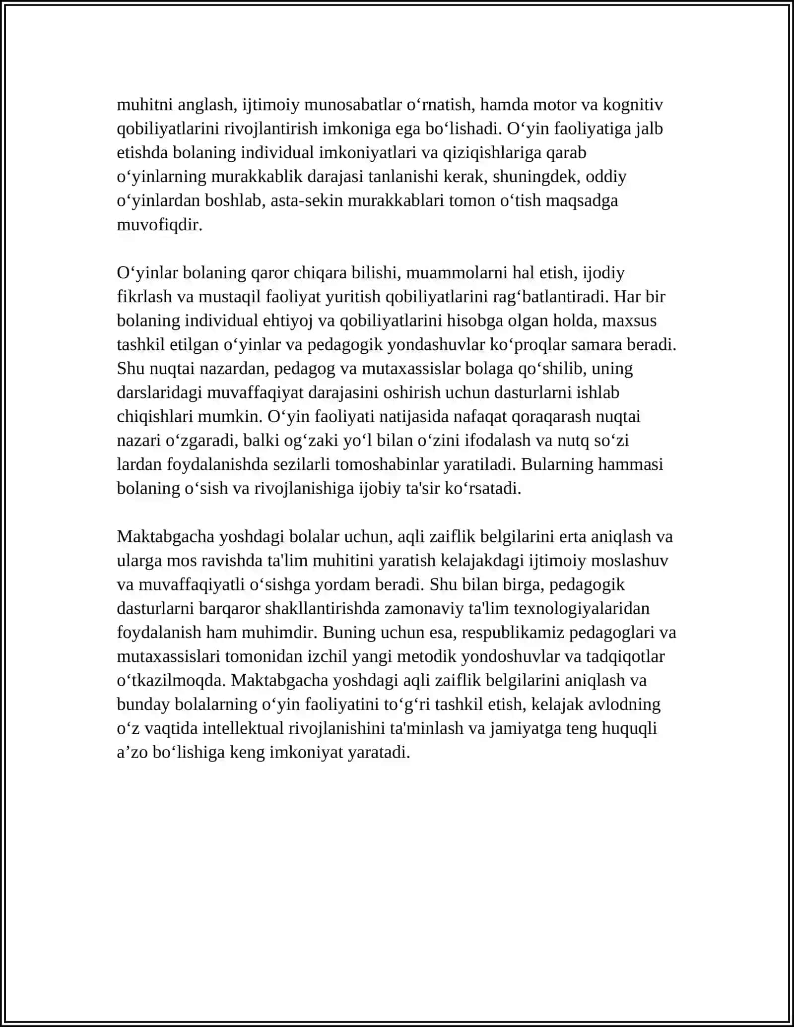 MAKTABGACHA YOSHDAGI AQLI ZAIF ETISH. BOLALARNING O'YIN FAOLIYATINI TASHKIL 4