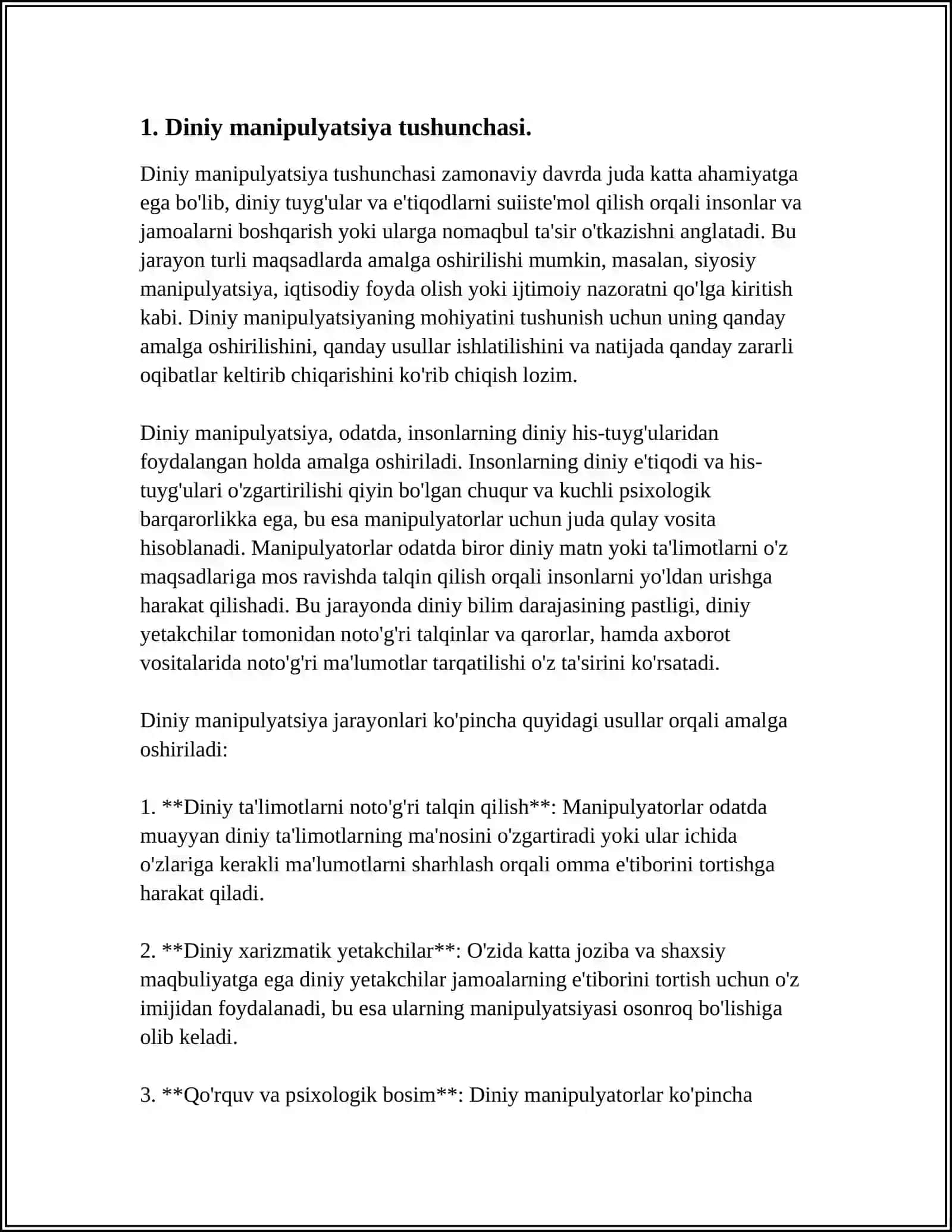 DINIY MANIPULYATSIYANING INSON ONGIGA TAʼSIRI MAVZUSIDA REFERAT TAYYORLASH,REFERATDA 4