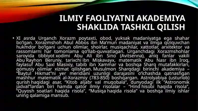 O'zbekiston xalqaro islomshunoslik akademiyasi Mumtoz sharq filologiyasi fakulteti Filologiya vatillarni o'qitish (arab tili) yo'nalishi talabasi Azimova Soliha ning Ilmiyishasoslarifanidantayyorlagan mustaqil shtaqdimoti 4