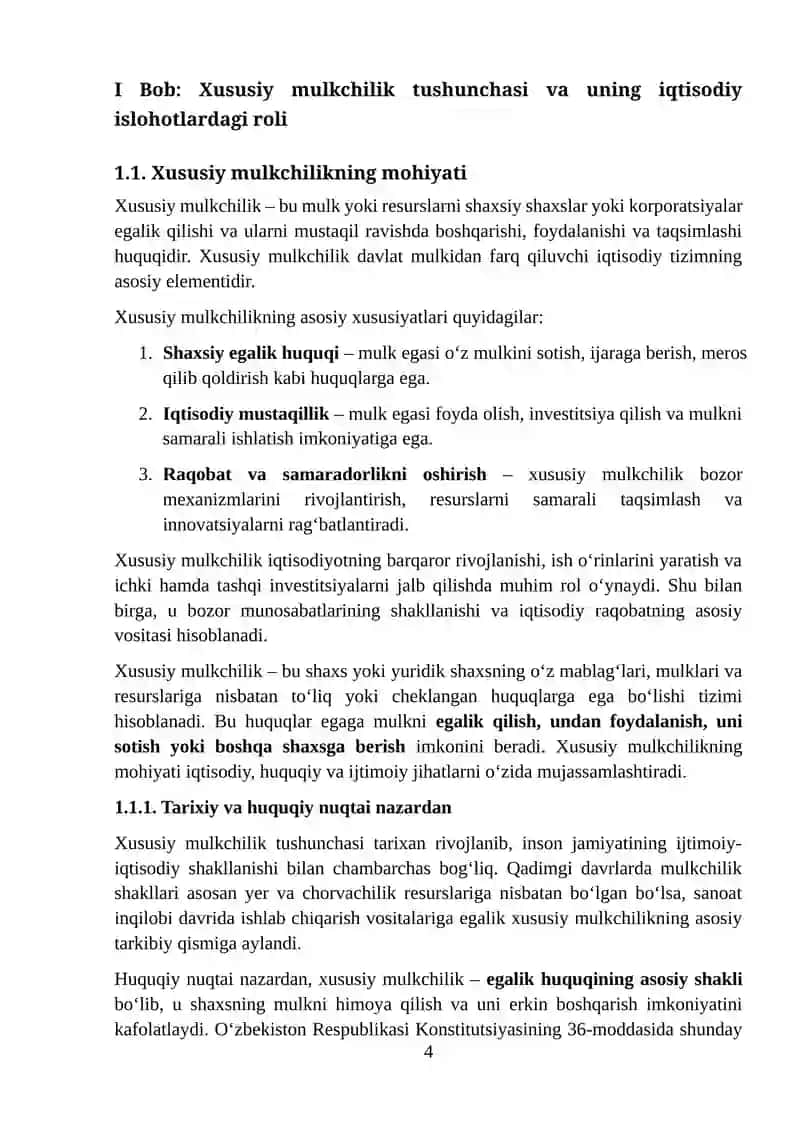 XUSUSIY MULKCHILIK TARMOG‘INI KENGAYTIRISH MAMLAKATIMIZDA IQTISODIY ISLOHOTLARNI CHUQURLASHTIRISHNING ENG MUHIM USTUVOR YO‘NALISHLARIDAN BIRI 4