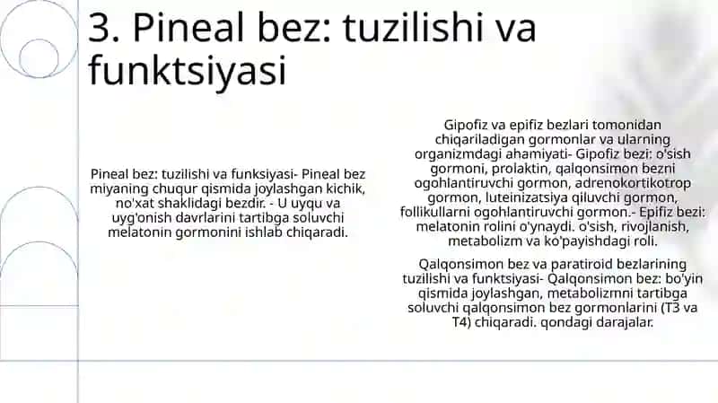 Gipofiz Va Epifizdan Ajraladigan Gormonlar Va Ularning Organizmdagi Ahamiyati. Qalqonsimon Va Qalqon Oldi Bezining Tuzilishi Va Funksiyasi. Me'Daosti Va Ayrisimon Bezning Fiziologiyasi 4