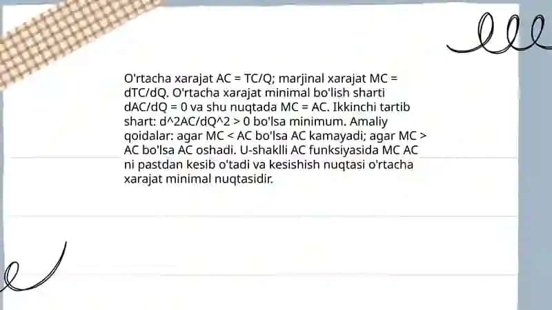 Ishlab chiqarish xarajatlarini minimallashtirish shartlari va korxonaning zararsiz ishlash nuqtasini hisoblash yo'llari 4
