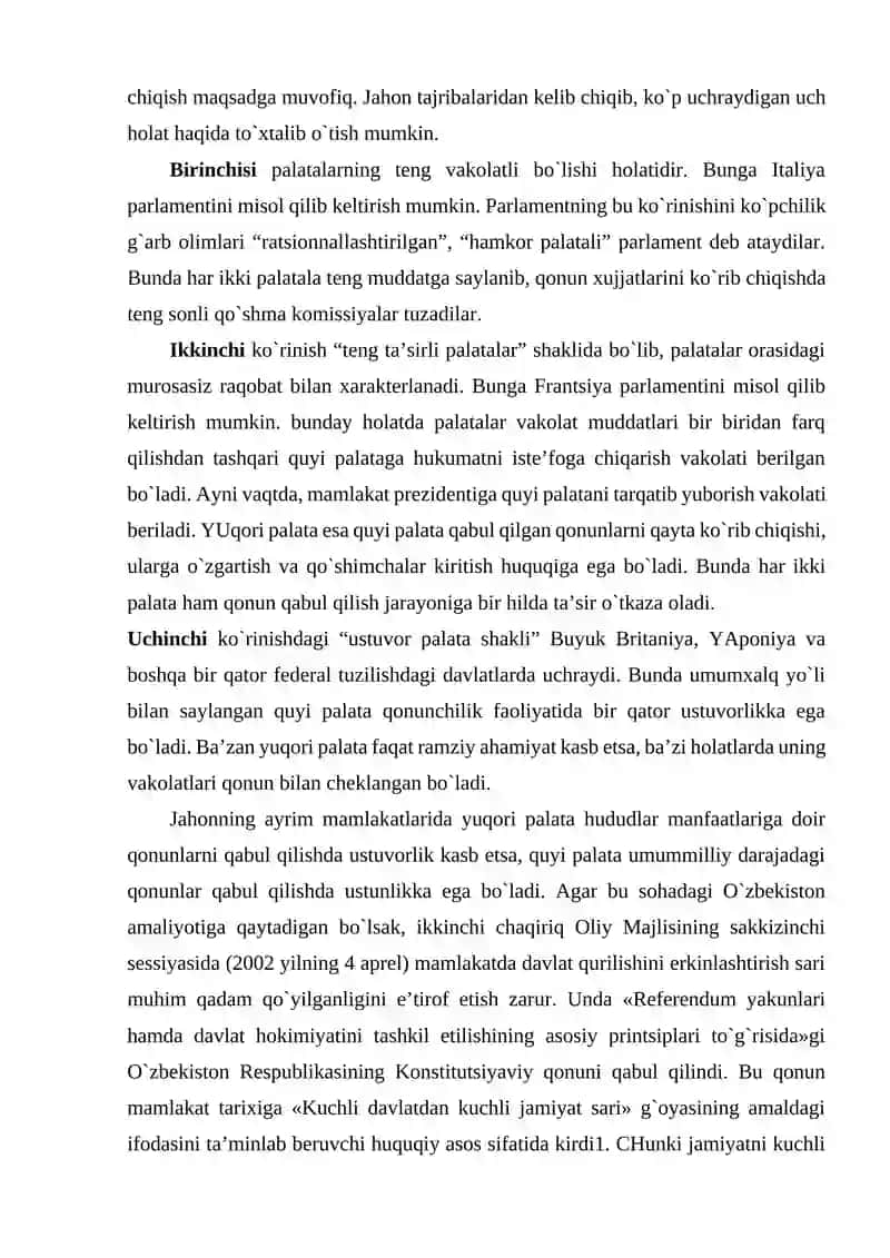 O'zbekistonda ikki palatali parlamentning shakllanishi qonunchilik palatasi va senat faoliyati 4