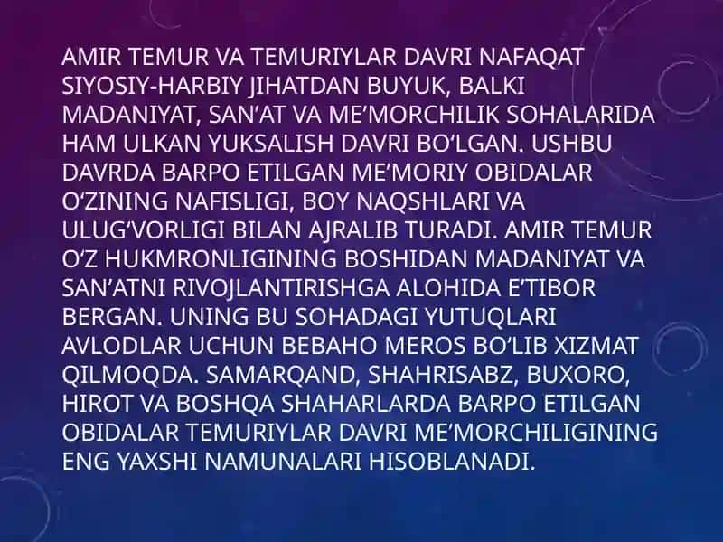 Amir Temur va Temuriylar davri memoriy obidalar 4