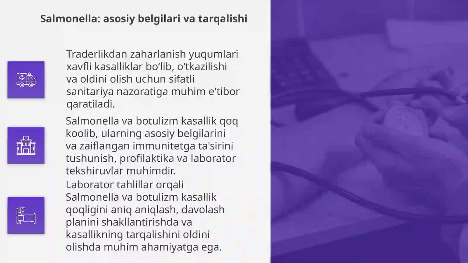 OVQATDAN ZAHARLANISH YUQUMLI KASALLIK QO'ZG'ATUVCHILARI. SALMONELLEZ VA BOTULIZM KASALLIK QO'ZG'ATUVCHILARI LABARATOR TASHXISI 4