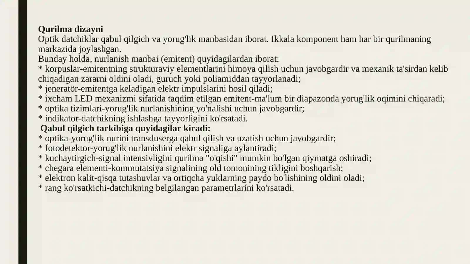 Optik datchiklarning tuzilishi, ishlash prinsipi. Optik datchiklarning turli tibbiy qurilmalarda qo’llanilishi 4