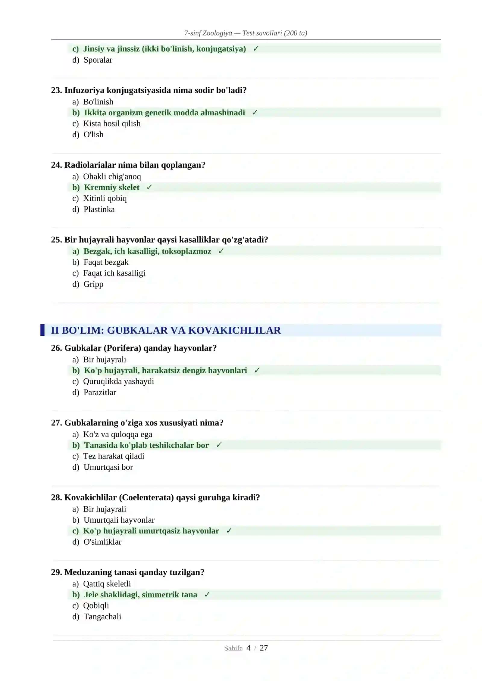 7-sinf Zoologiya — Test savollari (200 ta) 4