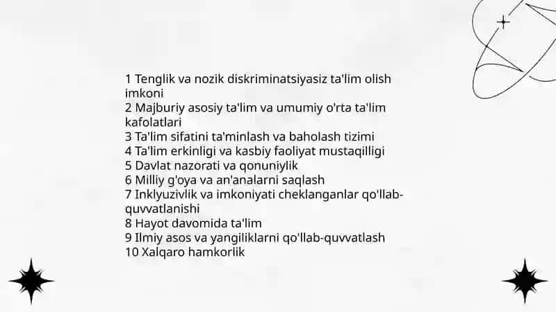 O‘zbekiston Respublikasi “Ta'lim to’g’risidagi”Qonunning mohiyati 4