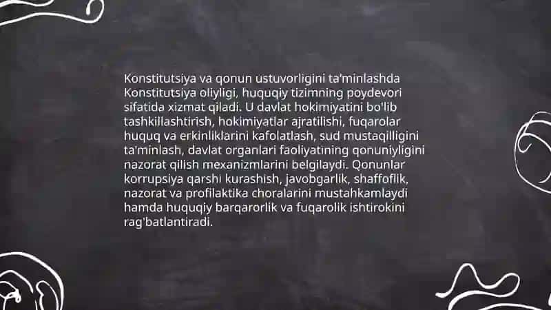 O‘zbekistonda qonun ustivorligini taminlashning demokratik asoslari. Korrupsiya va unga qarshi kurashishning mazmun mohiyati 4