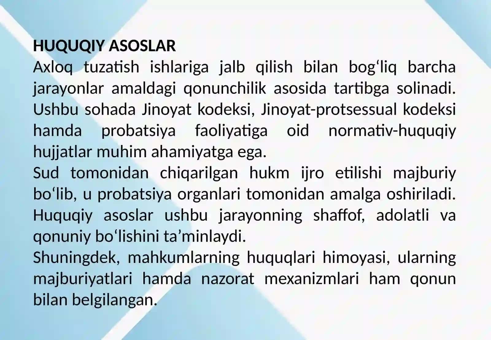 Axloq tuzatish ishlariga jalb qilish haqidagi hukmlarni (ajrimlarni) ijroga qabul qilish va rasmiylashtirish va axloq tuzatish ishlariga hukm qilingan prabatsiya nazoratidagi shaxslarning shaxsiy hisobini yuritish 4