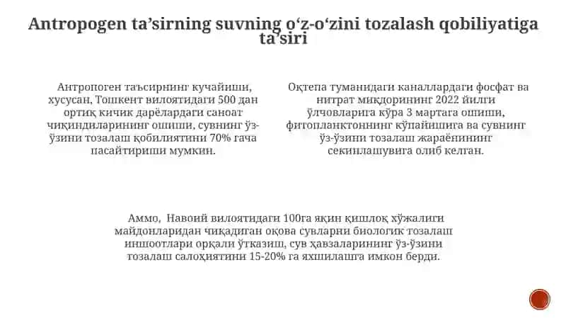 Tabiiy suvlarni o'z o'zini tozalash holatini o'rganish 4
