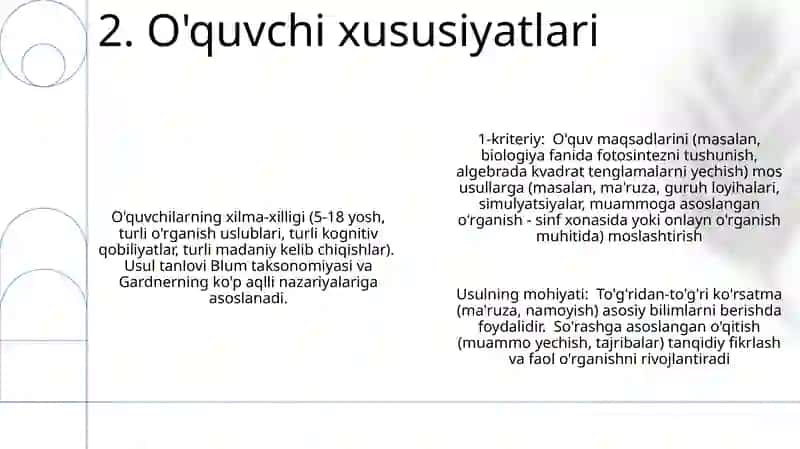 Ta'lim metodlari ichiga kiruvchi usullarni tanlash me'zonlari va ularning mazmun-mohiyati 4