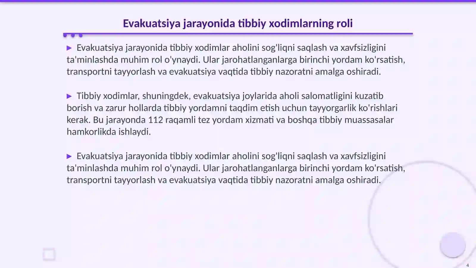 Favqulodda vaziyatlar xavf tugʻulganda va sodir boʻlganda aholini evakuatsiyalashni tibbiy taminlash 4
