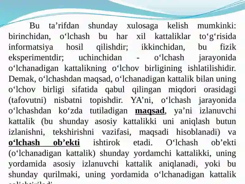 O‘LCHASH JARAYONI BO‘YICHA UMUMIY MA’LUMOTLAR 4