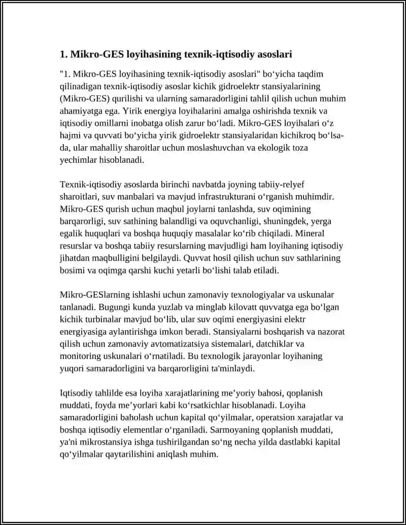 MIKRO-GESLAR (KICHIK GIDROELEKTR STANSIYALAR) LOYIHASI VA ULARNING IQTISODIY TAHLILI 4