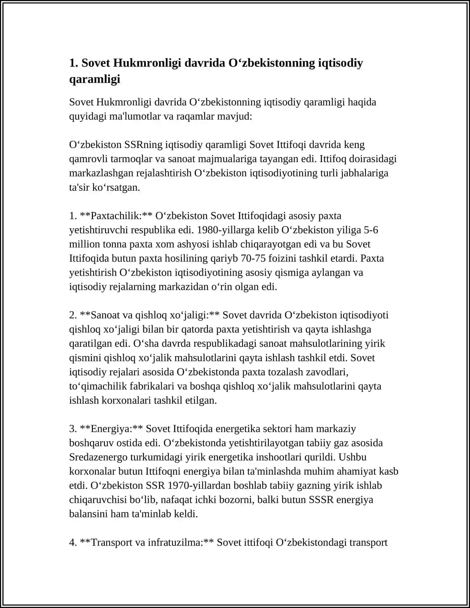 SOVET HUKMRONLIGI DAVRIDA O‘ZBEKISTONNING MARKAZGA IJTIMOIY-SIYOSIY VA IQTISODIY QARAMLIGI VA UNING OQIBATLARI 4