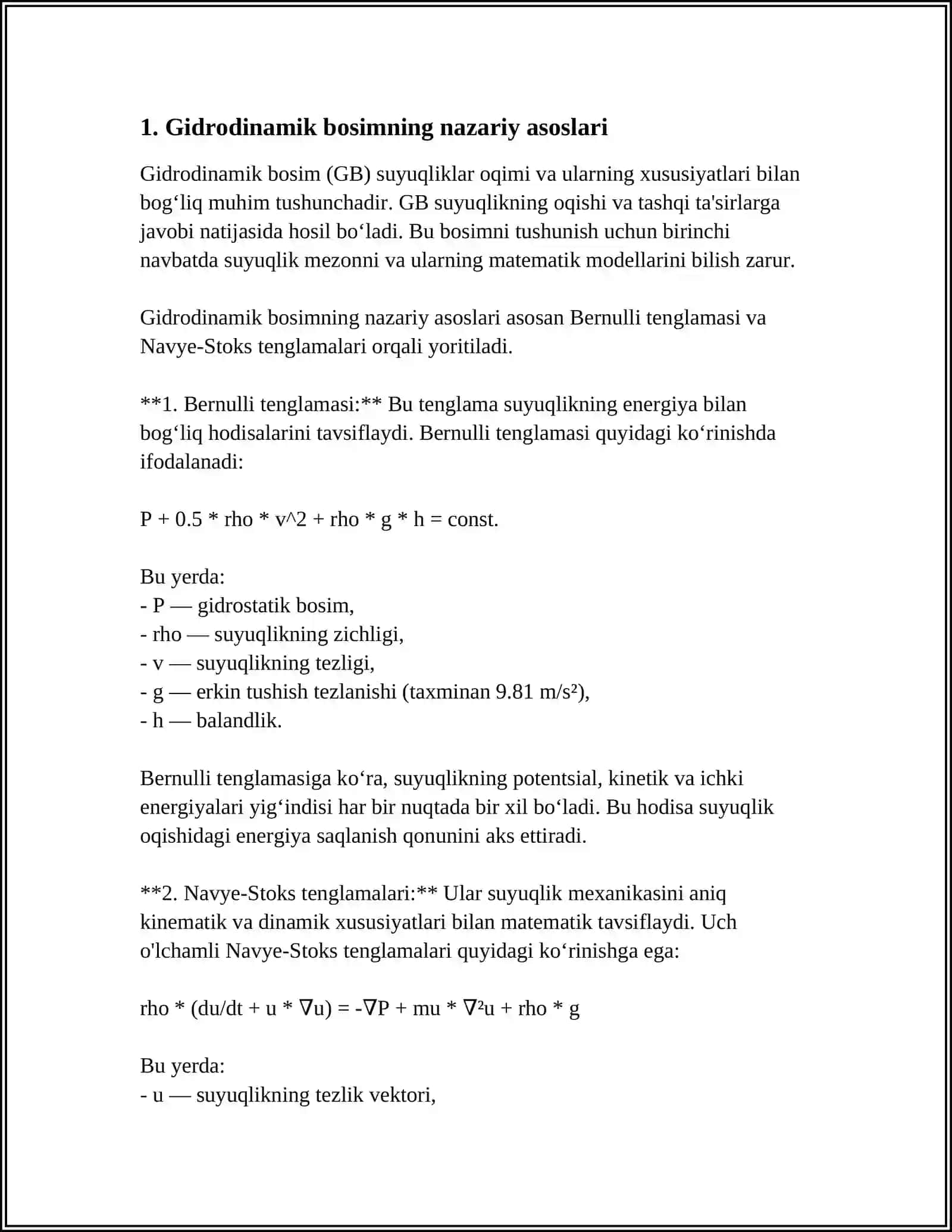 GIDRODINAMIK BOSIM. TEXNIK GIDRODINAMIKA MASALASINING UMUMIY QOʻYILISHI 4