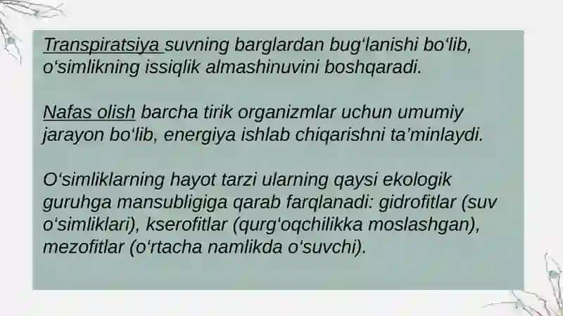 Oʻsimliklar dunyosi va ularni hayot tarzi haqidagi bilimlar 4