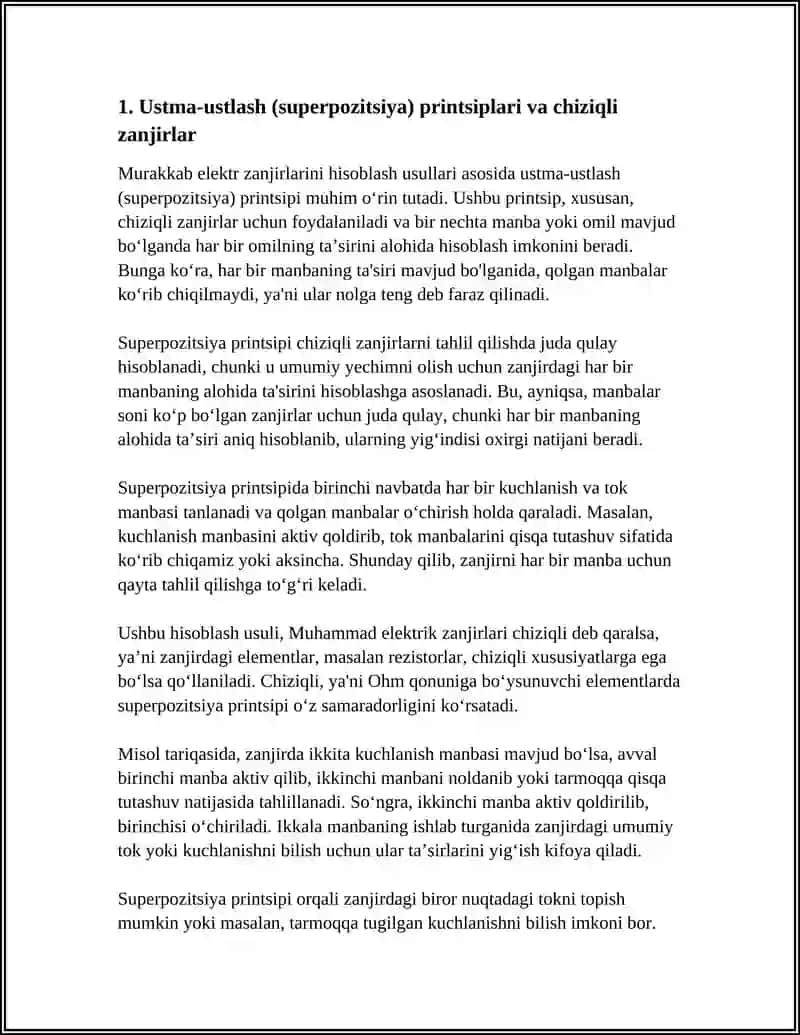 MURAKKAB ELEKTR ZANJIRLARINI HISOBLASH USULLARI:USTMA-USTLASH(SUPERPOZITSIYA) VA EKVIVALENT GENERATOR USULLARI 4