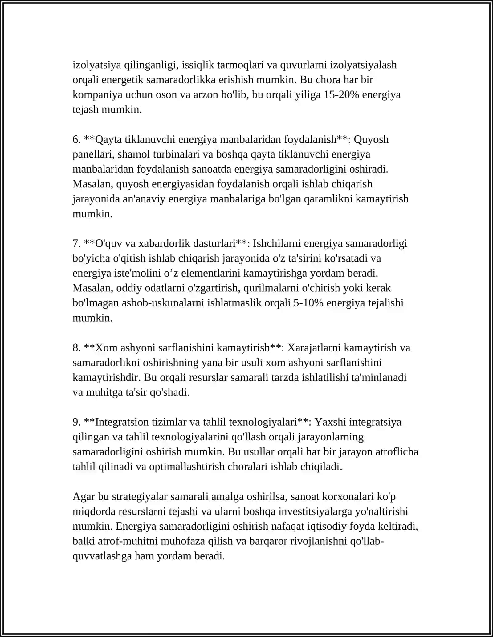SANOAT IQTISODIYOTIDA ENERGIYA SAMARADORLIGI VA EKALOGIK BARQARORLIK MAVZUSIGA 10 VAROQLI MUSTAQIL ISH 4