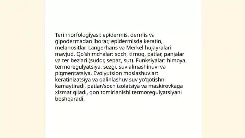 A'zolar sistemasi ontofilogenezi: teri, skelet, nerv sistemasi,qon aynishi, endokrin sistemasi. Ekologiya. Odam- ekologik omil.Biosfera va uning muommolari 4