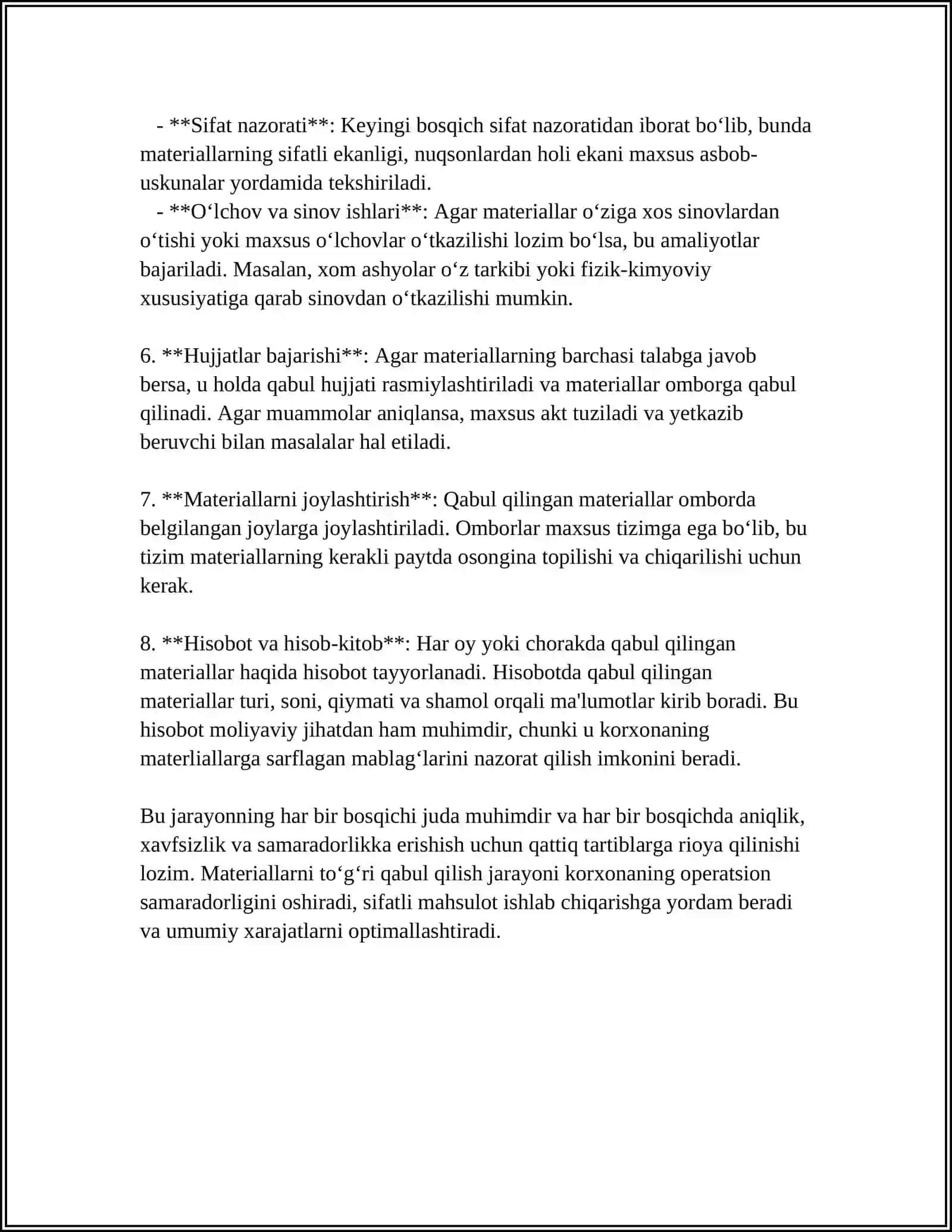 MATERENSIALLARNI QABUL QILISHNI HUJJATLASHTIRISH MATERIALLARNI OMBORDA VA BUXGALTERIYADA HISOBGA OLISH 4