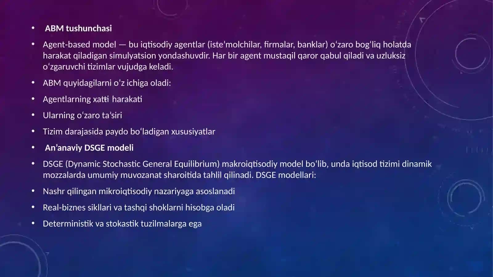 Agent‑based modellar (ABM) va an'anaviy DSGE modellarining taqqoslanishi 4