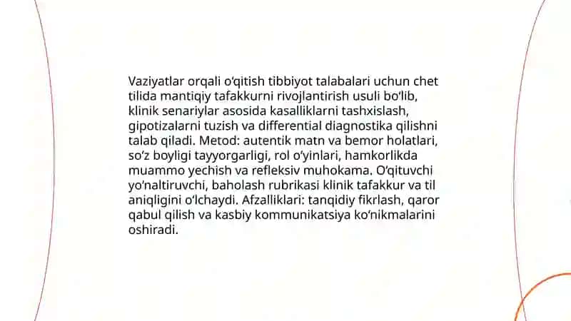 Tibbiyot talabalarini interfaol metodlar yordamida chet tili orqali tafakkurni rivojlantirish 4
