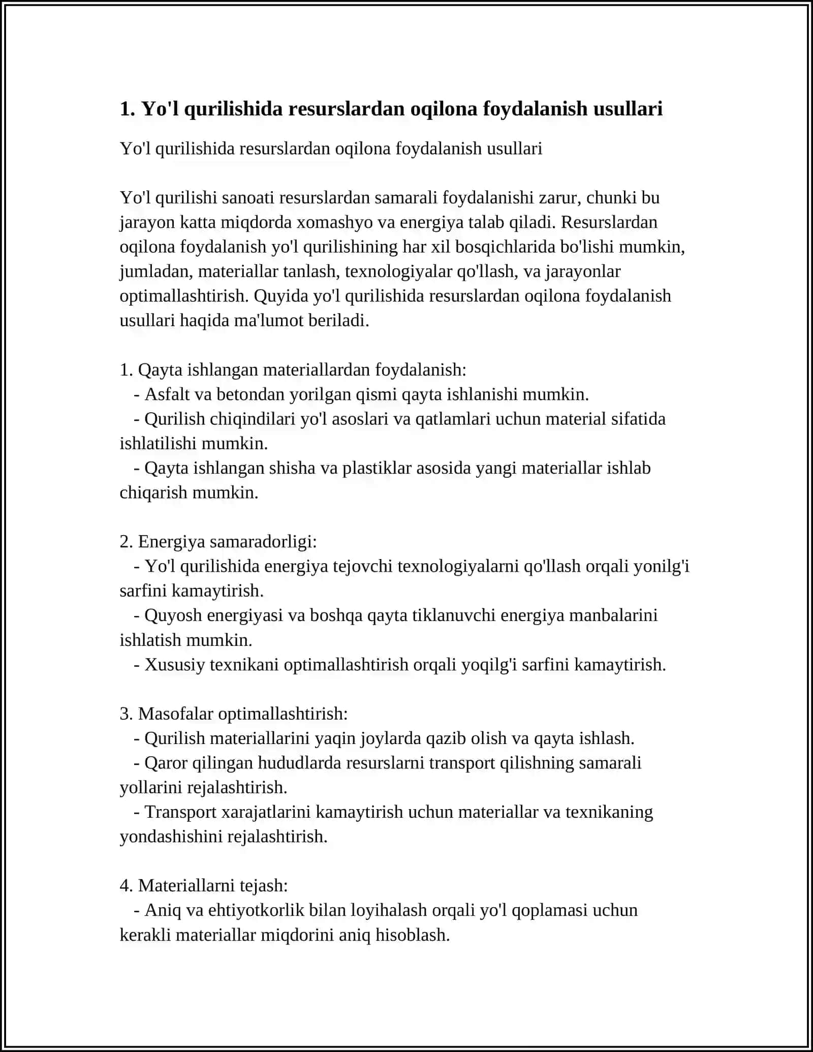 Yo'l qurilishida resurslardan oqilona foydalanish usullari 4