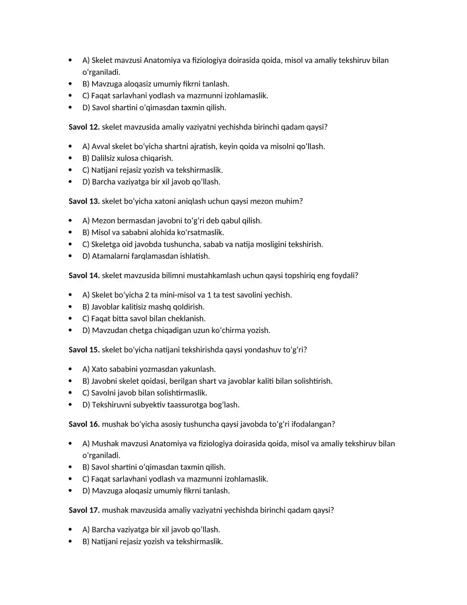 Anatomiya va fiziologiya — 100 test javoblari bilan 4