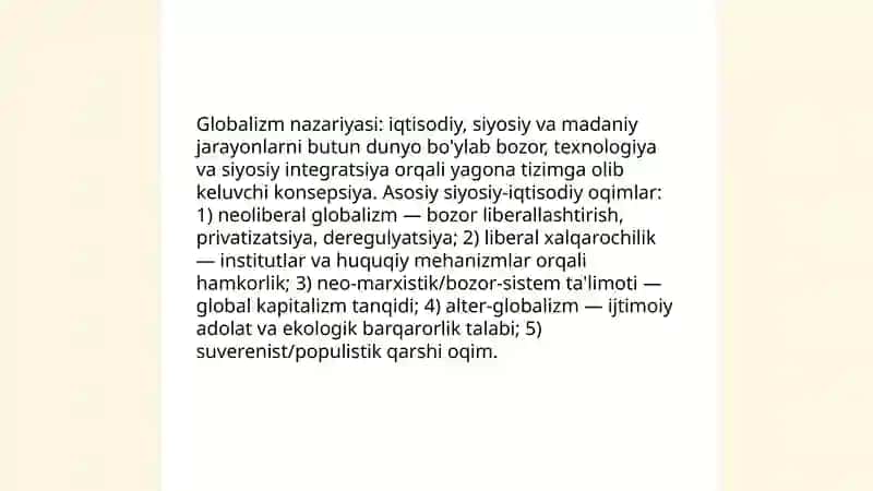 Globallashuv, globalizm va barqaror rivojlanishning ustuvor yo'nalishlari 4