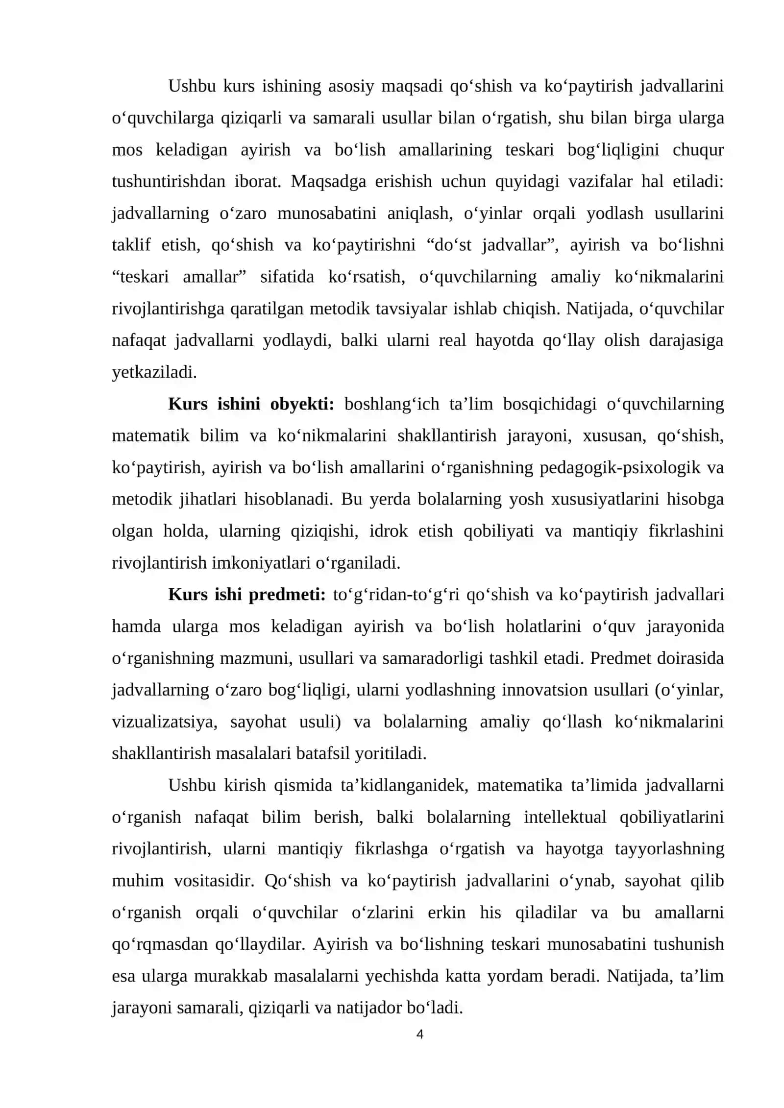 Qoʻshish va ko‘paytirish jadvallari va ularga mos ayirish va bo‘lish hollarini oʻrganish 4