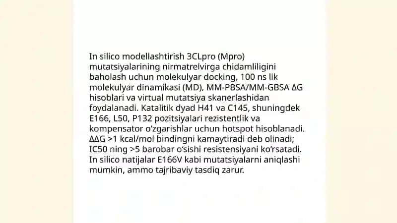 SARS-CoV-2 RdRp mutatsiyalari va remdesivir chidamliligini kompyuter modeli orqali taxmin qilish 4