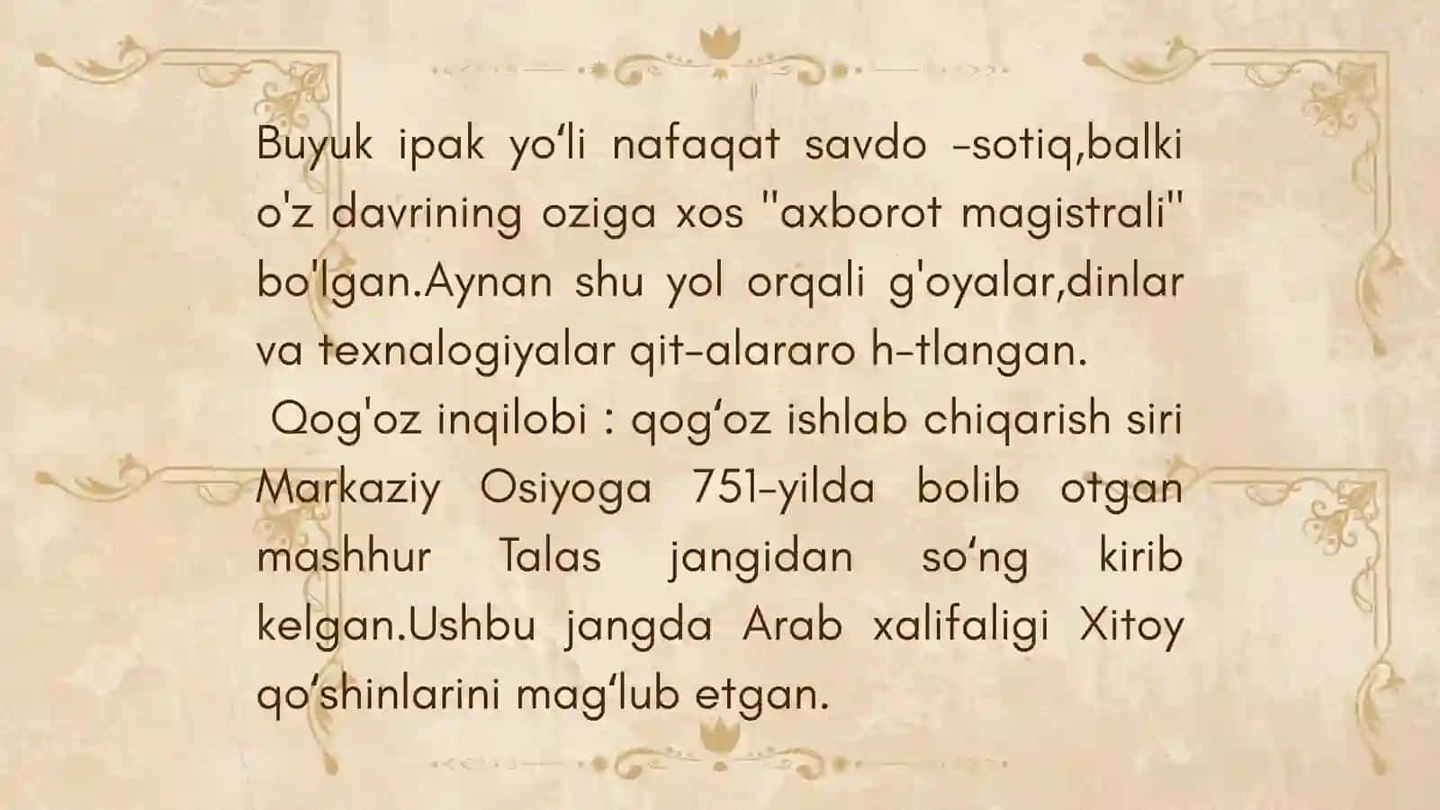 IX-XII asrlarda mamlakatimiz hududida ro‘y bergan madaniy uyg‘onish (Renessans).Buyuk allomalarning jahon sivilizatsiyasiga qo‘shgan hissasi 4