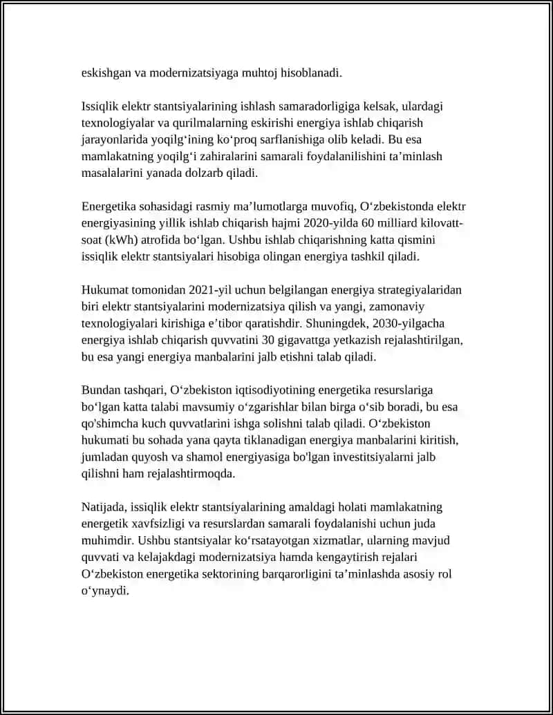 O'ZBEKISTONDA ISSIQLIK ELEKTR STANTSIYALARINI MODERNIZATSIYA QILISH VA RIVOJLANTIRISH 4