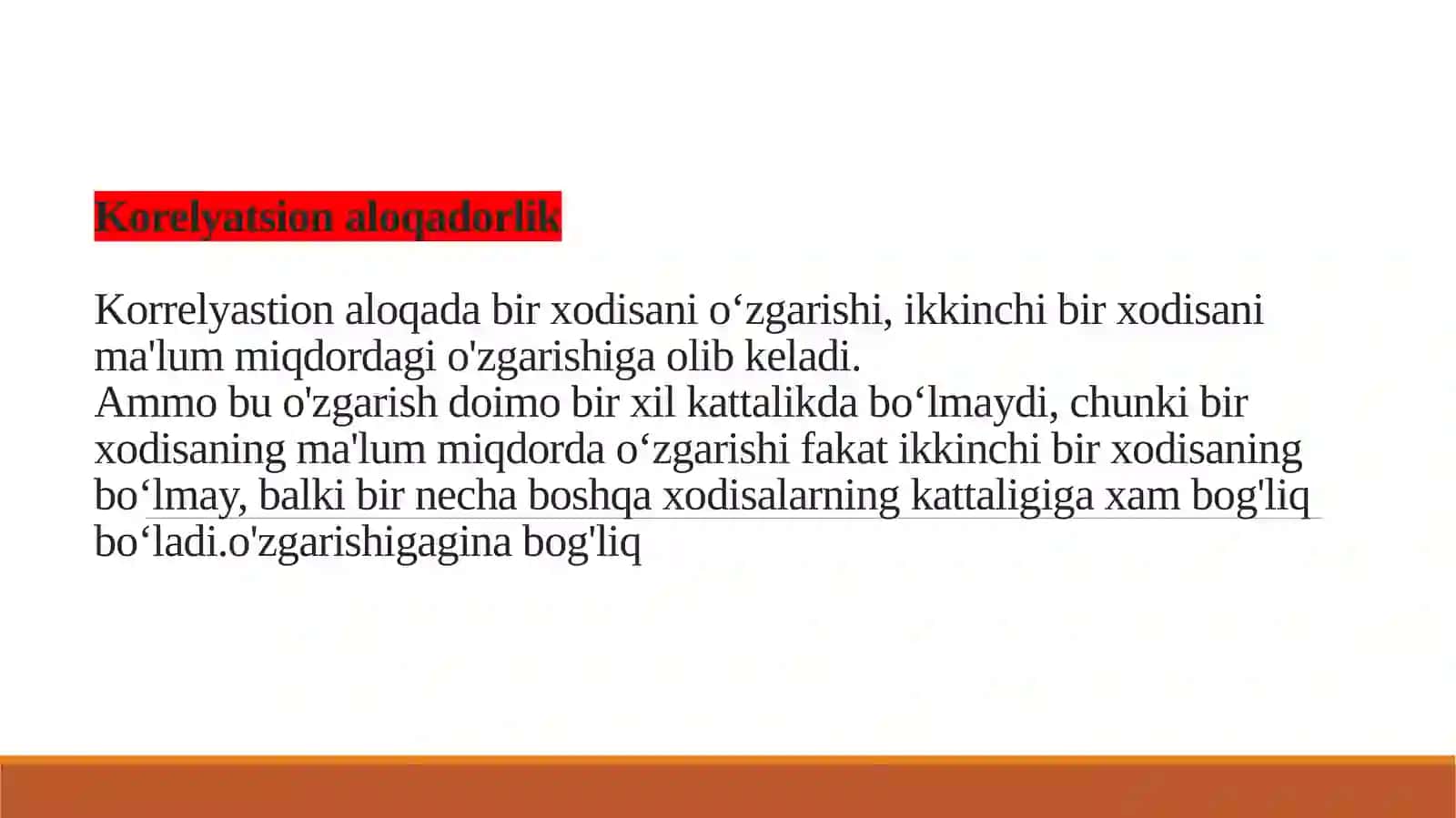 Korrelyatsiya koeffitsienti, uni baholash usullari, statistik 2 tahlil etishda qo'llanilishi. Grafik tasvirlar va ularning qo'llanilishi Standartlashtirish, standartlashtirilgan ko'rsatkichilarining ahamiyati, ularni hisoblash. 4