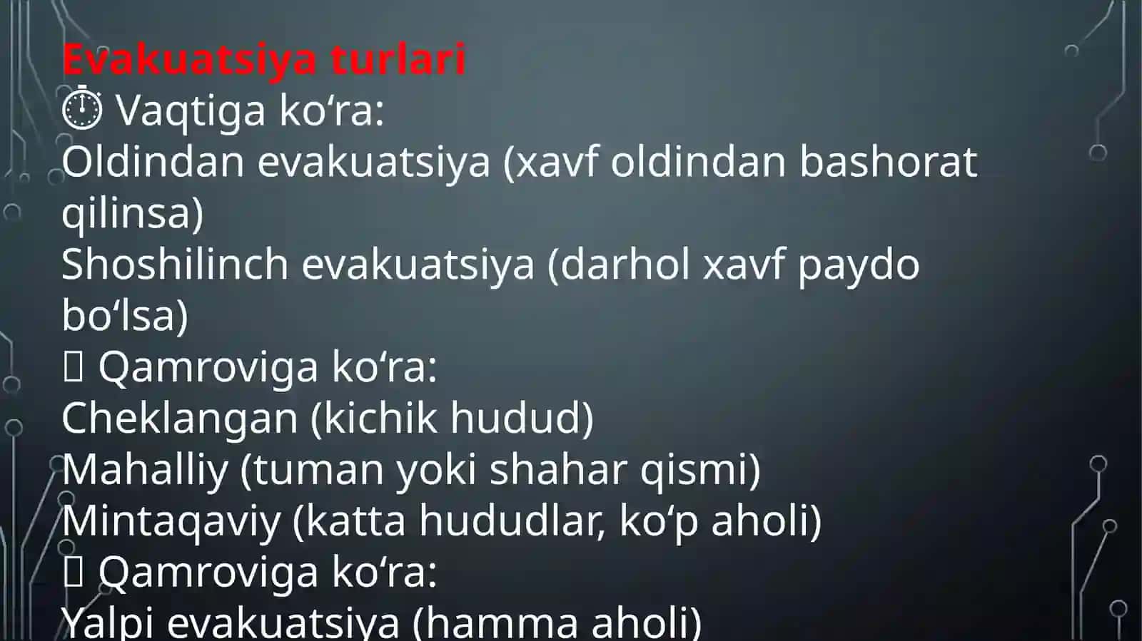 Favqulodda vaziyatlar xavfi tug'ilganda va sodir bo'lganda aholini evakuaciyalashni tibbiy ta'minlash 4