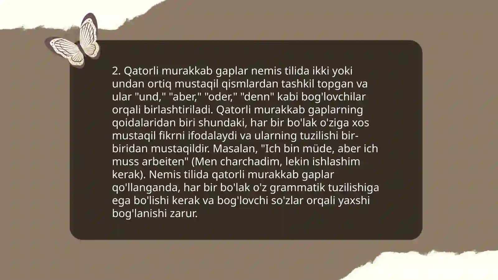 Dunyo tillarida sintaksisning oʻziga xos xususiyatlari (boshqa tillardan misollar keltiring) 4
