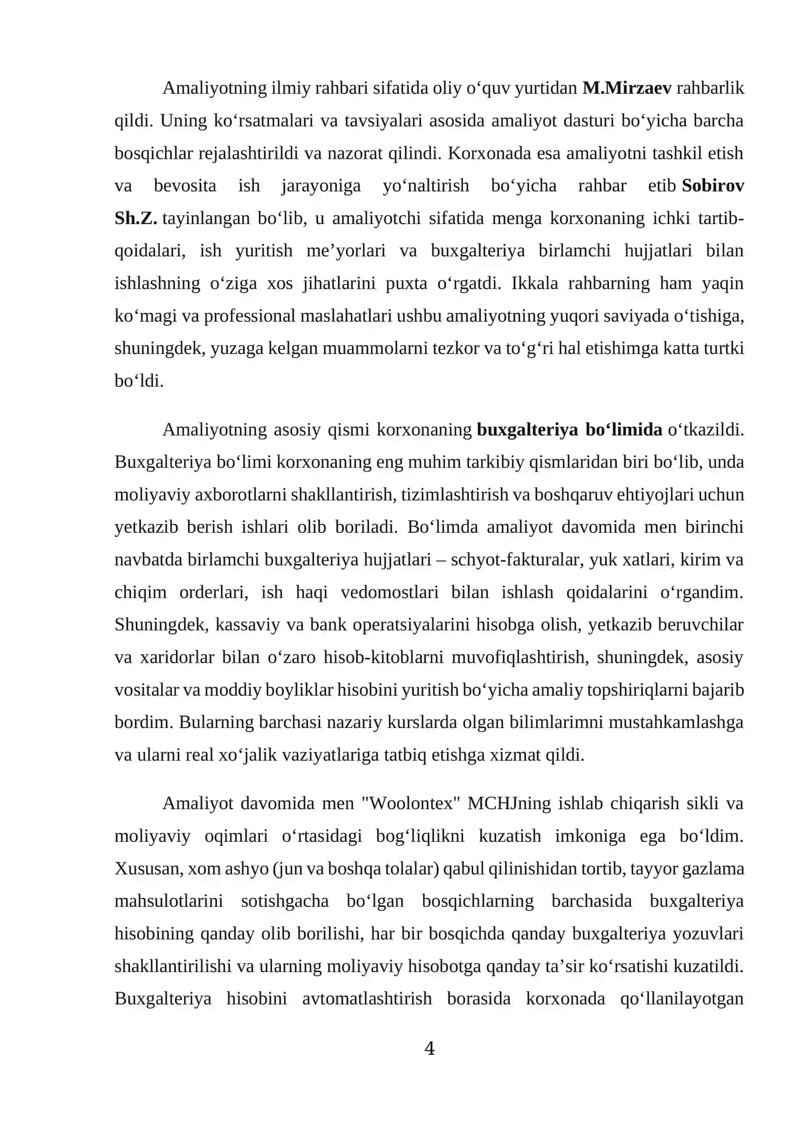 "Woolontex" MCHJ boyicha amaliyot hisoboti. (korxona to‘qimachilik va ipakchilik sohasi) 4