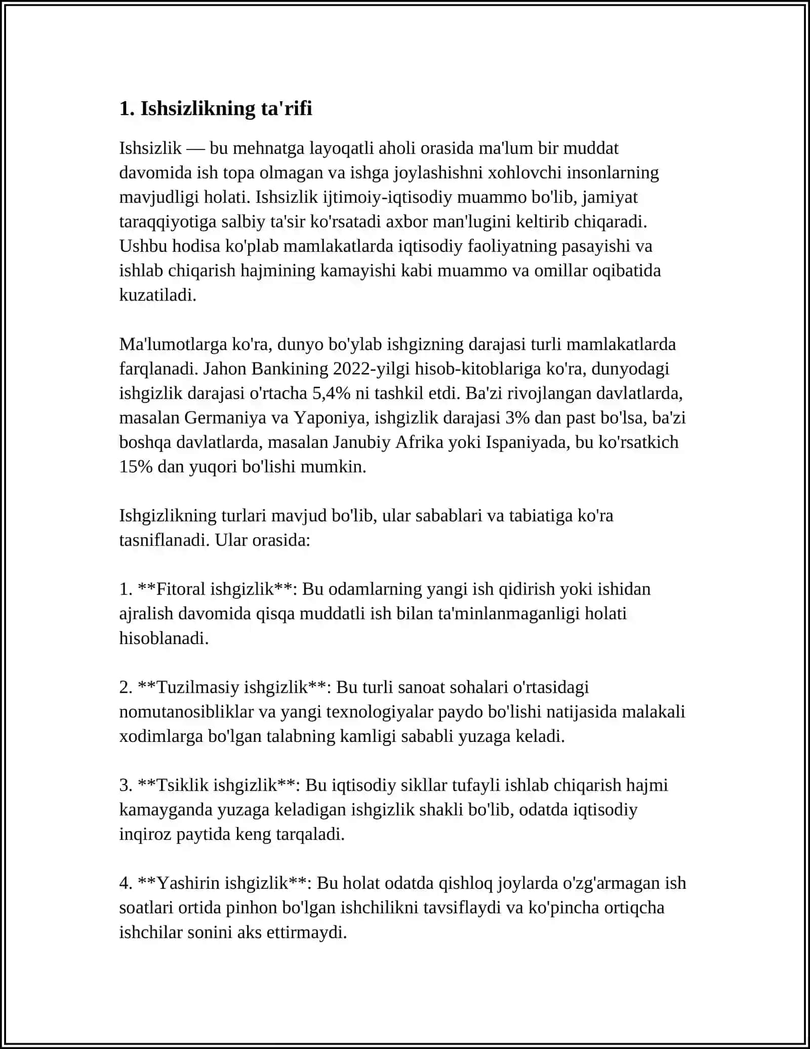 ISHSIZLIK UNING TURLARI VA O’ZBEKISTONDA BANDLIK MUAMOLARI 4