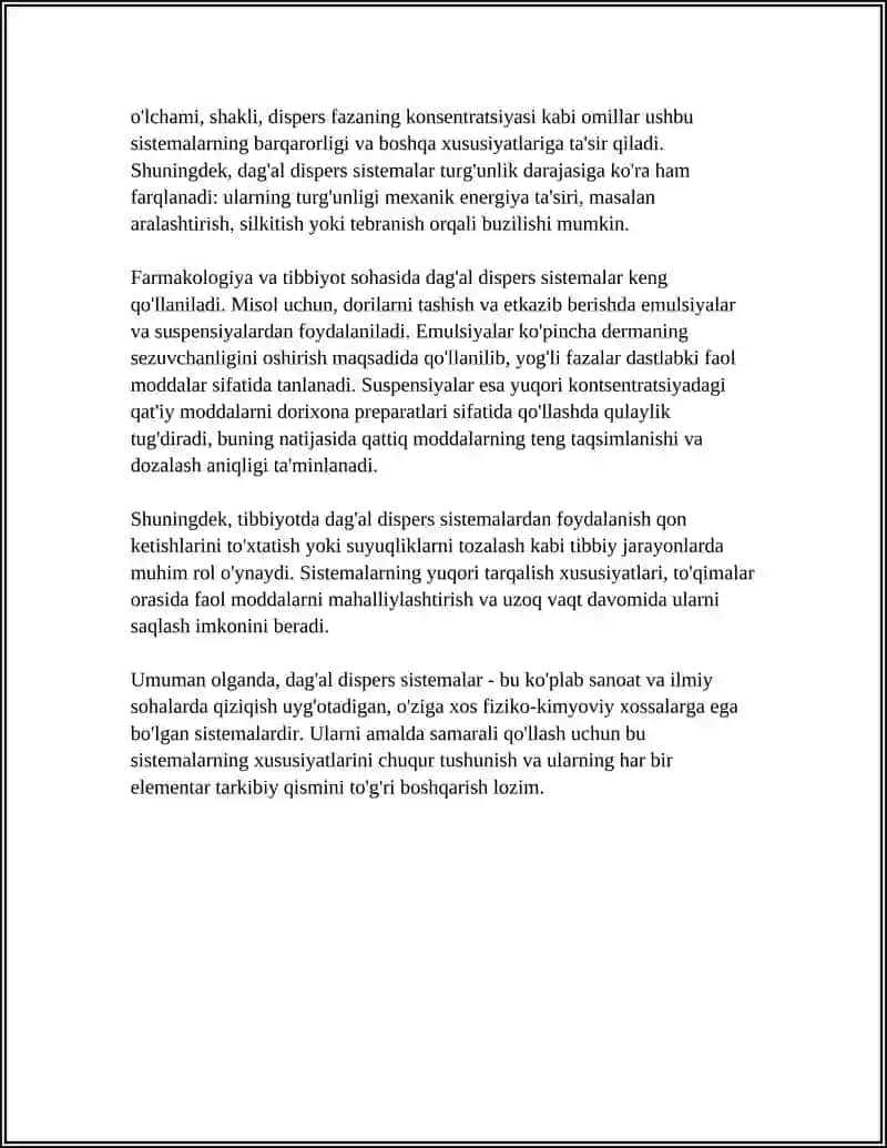 DAG'AL DISPERS SISTEMALARNING XOSSALARI VA ULARNI TIBBIYOT VA FARMAKOLOGIYADA ISHLATILISHI 4