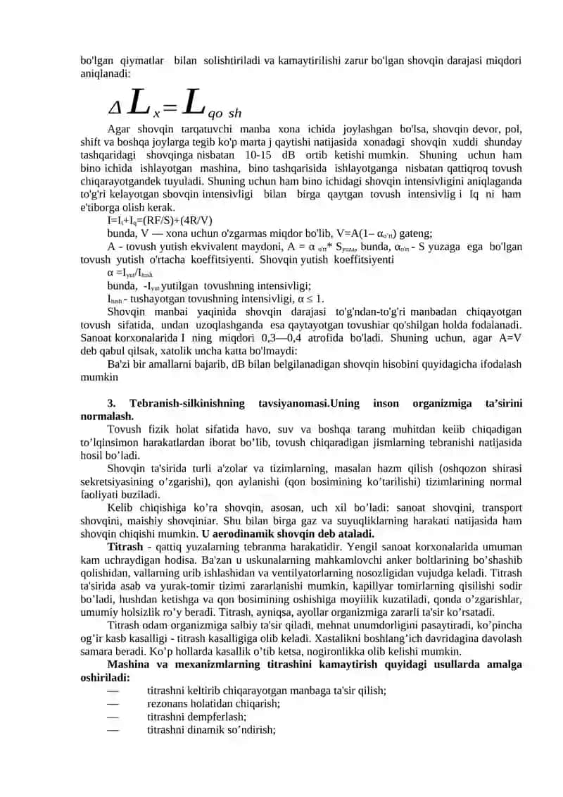 Ishlab chiqarishda shovqin, tebranish, ximoya usullari. Yoritish masalalari 4