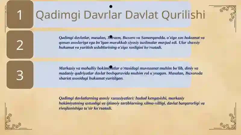 O’zbekistoning davlatchilik tarixi eng qadimgi davrdan yangi O’zbekiston davlatchiligi asoslari XVll asrdan davlatchiligidan Yangi O’zbekiston davlatchiligi. 4