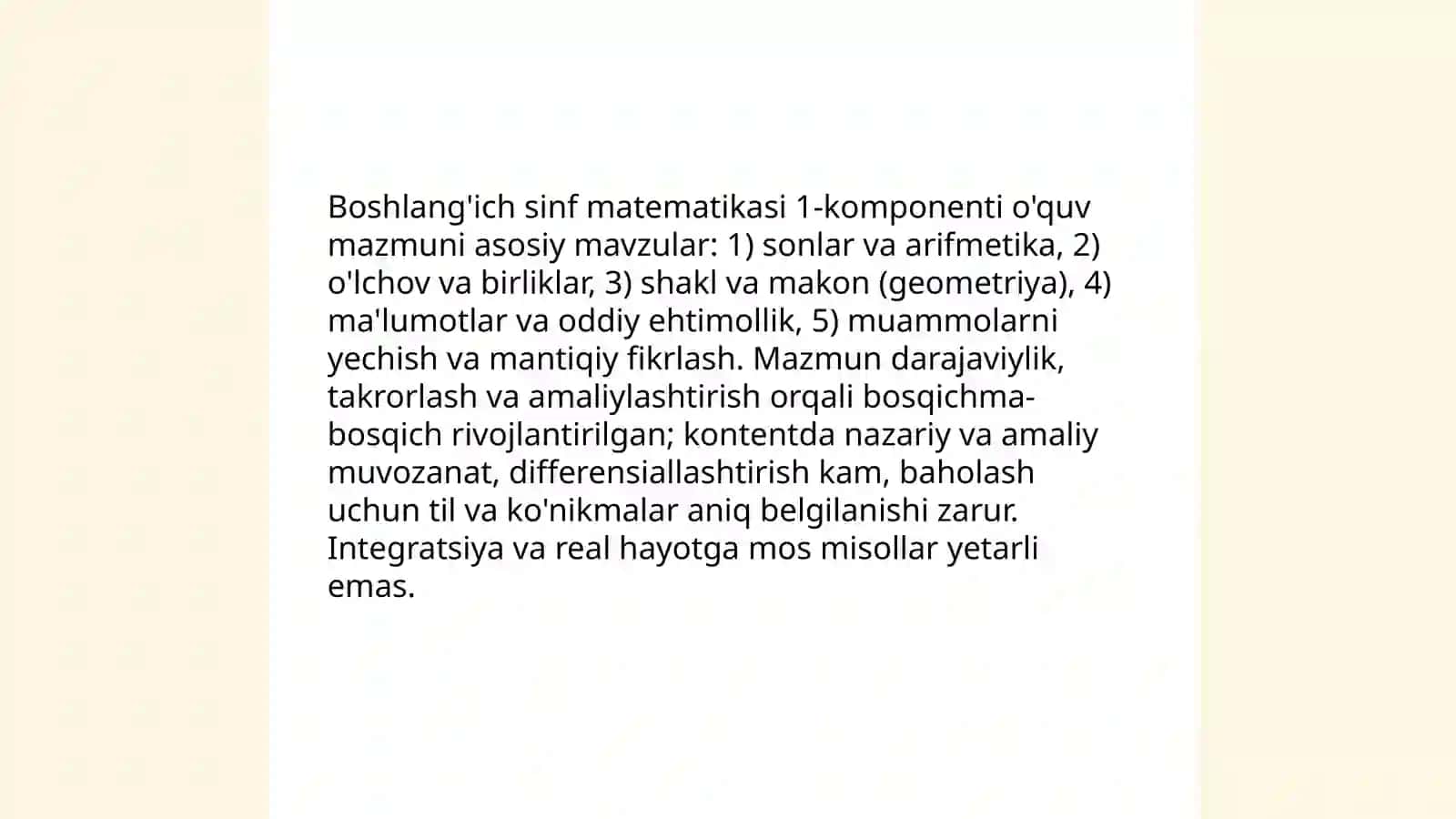 Boshlang'ich sinf matematika dasturi 4