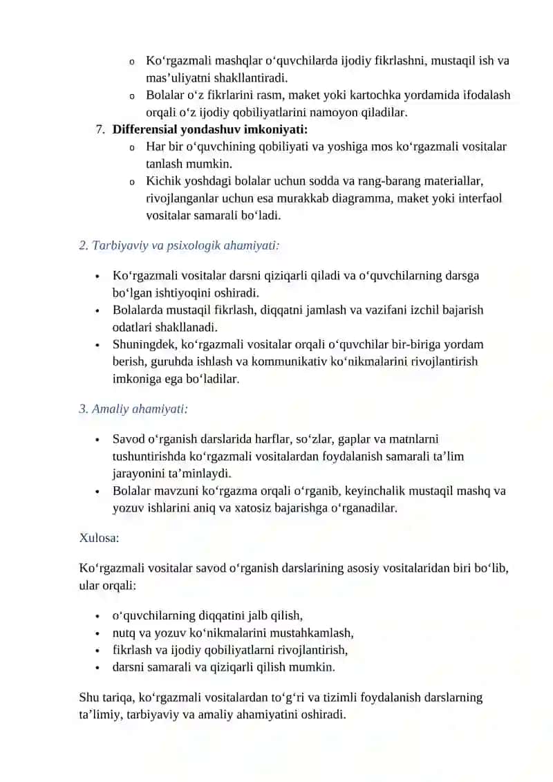 Ona tili o’qitish metodikasi fanidan “Savod o’rganish darslarida ko’rgazmalari vositalaridan foydalanish” 4