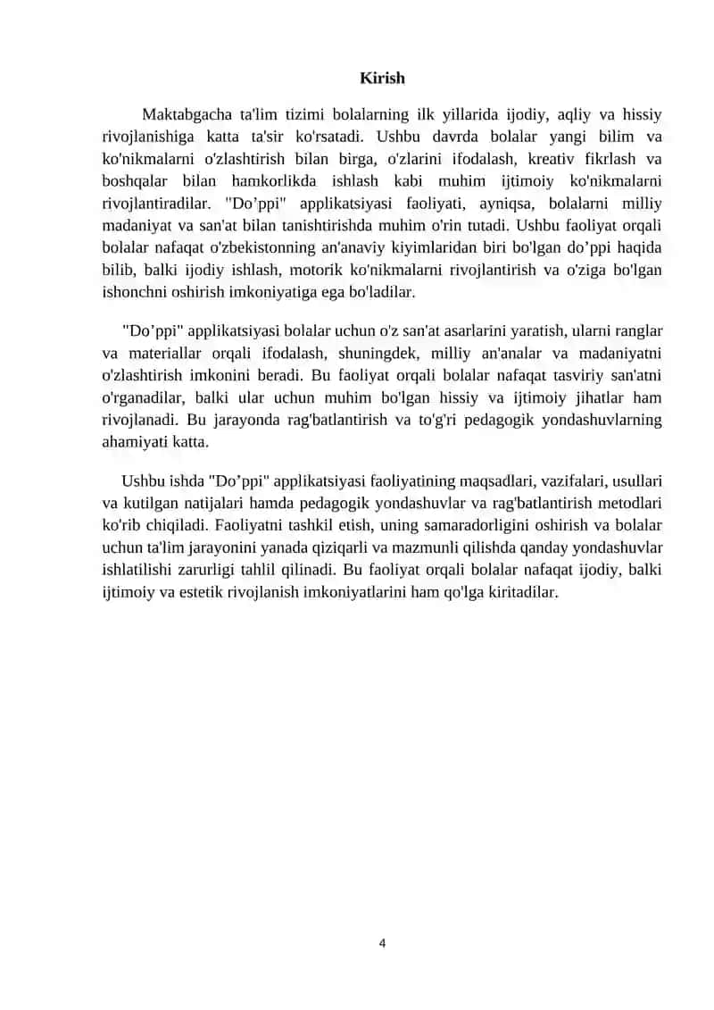 “Doʼppi” applikatsiyasi va yasash. (tayyorlov guruh) Sanʼat markazi 4