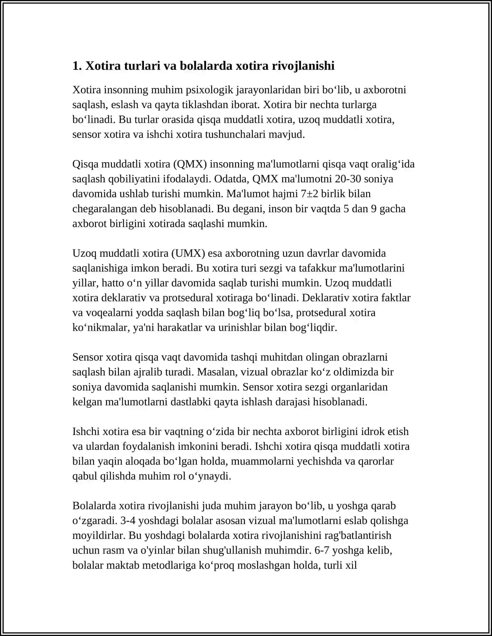 NUTQ NUQSONIGA EGA BOLALAR XOTIRASI XUSUSIYATALARINI VA UNI TEKSHIRISH METODIKALARINI ÕRGANISH VA TAHLIL QILISH 4